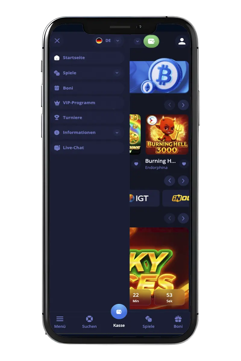 Das Hauptmenü eines Online-Casinos auf einem Handybildschirm